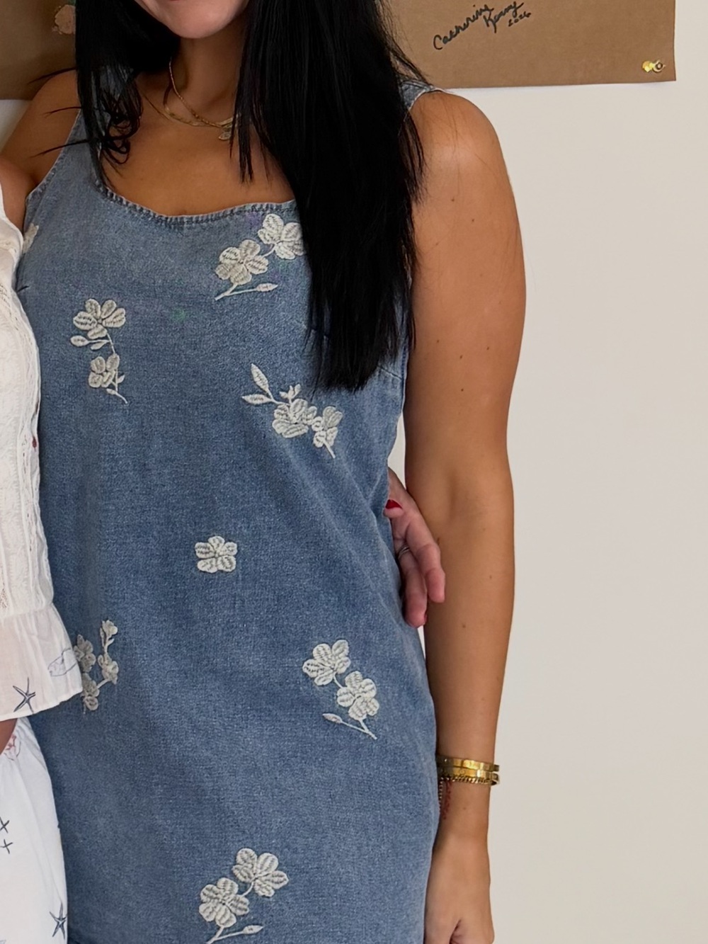 Sleeveless Denim-Look Floral Embroidered Tank Dress - Blue